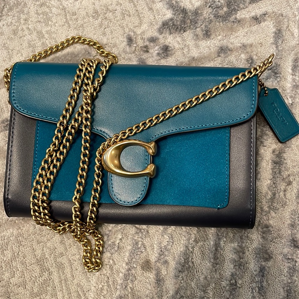 Coach NWOT Tabby Chain Clutch/Wallet in teal and gold